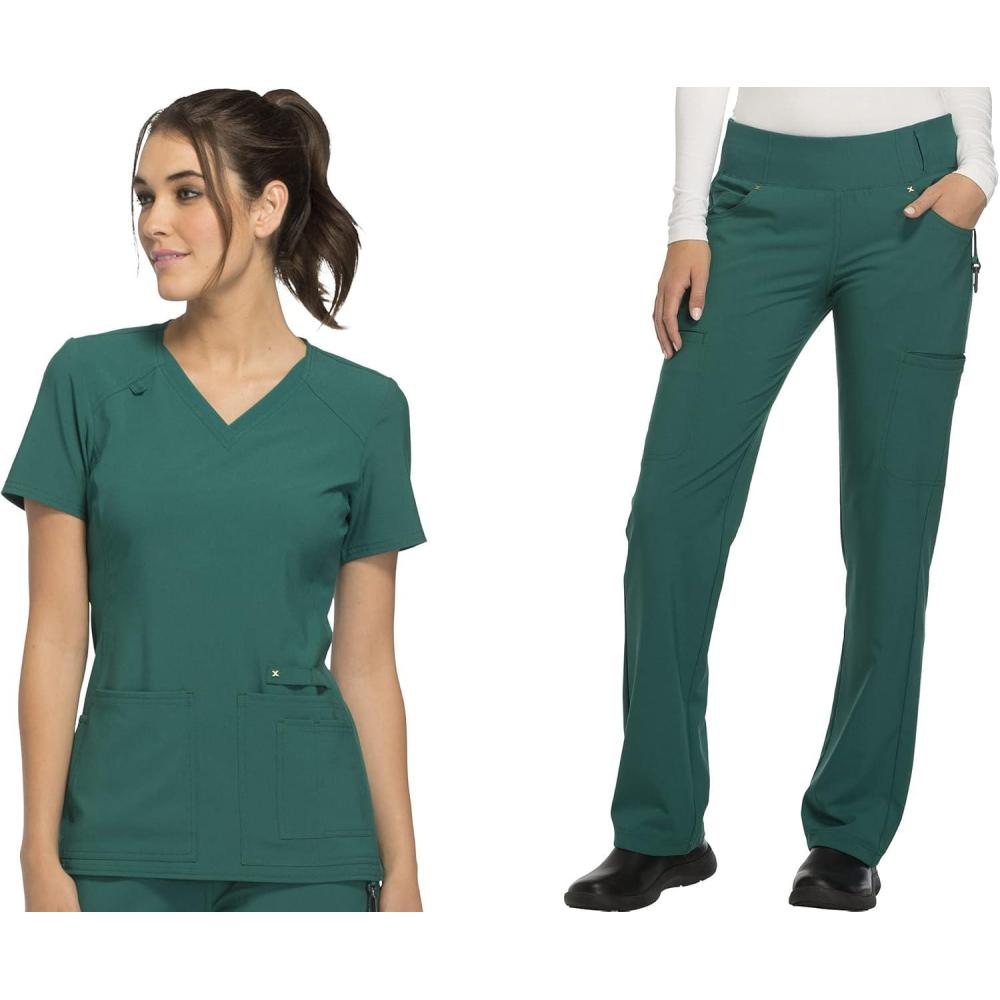 imageCherokee Womens Scrub Set Contemporary Fit Mid Rise 6 Pocket Straight Leg Pant CK002 and 4 Pocket VNeck Top CK605Hunter Green