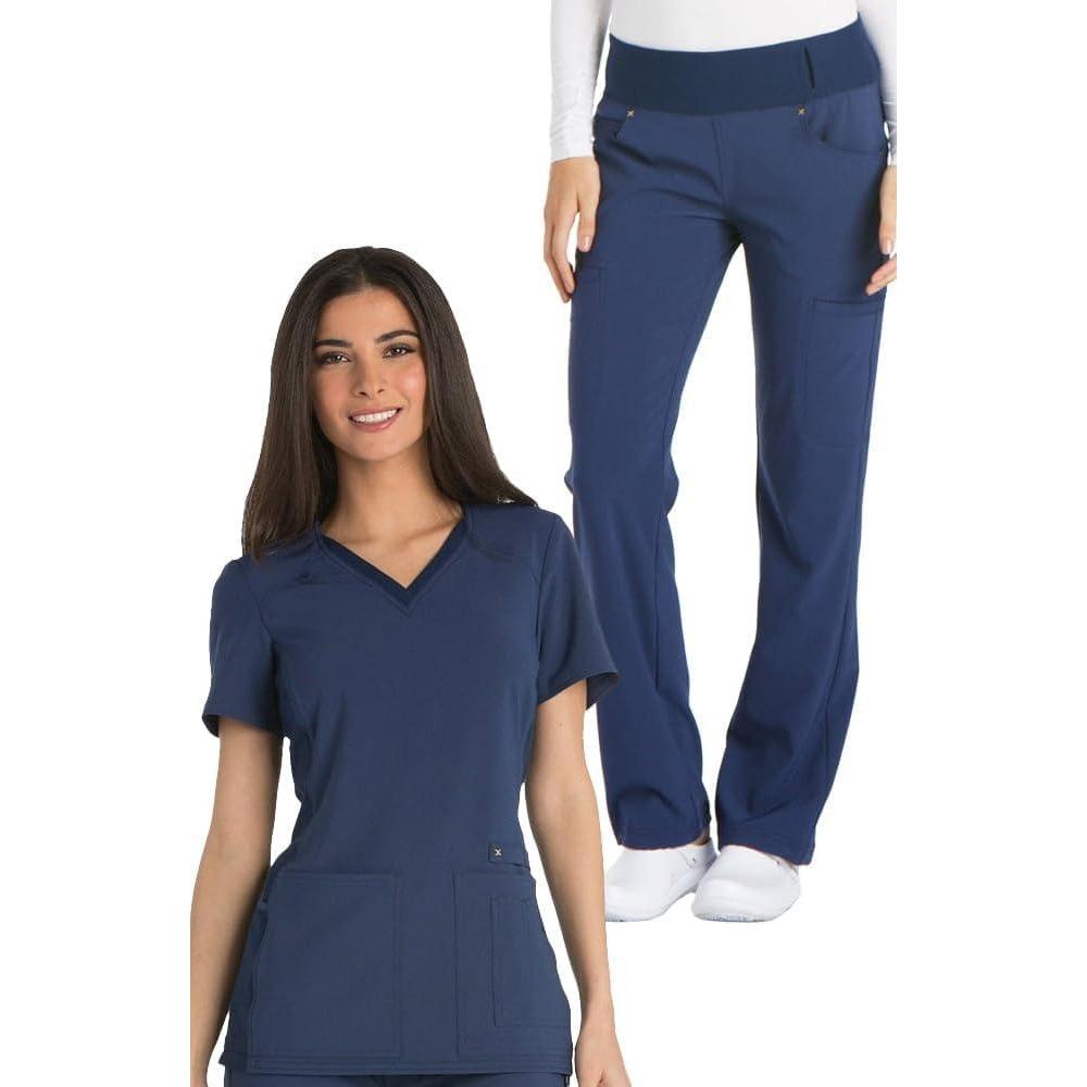 imageCherokee Womens Scrub Set Contemporary Fit Mid Rise 6 Pocket Straight Leg Pant CK002 and 4 Pocket VNeck Top CK605Navy