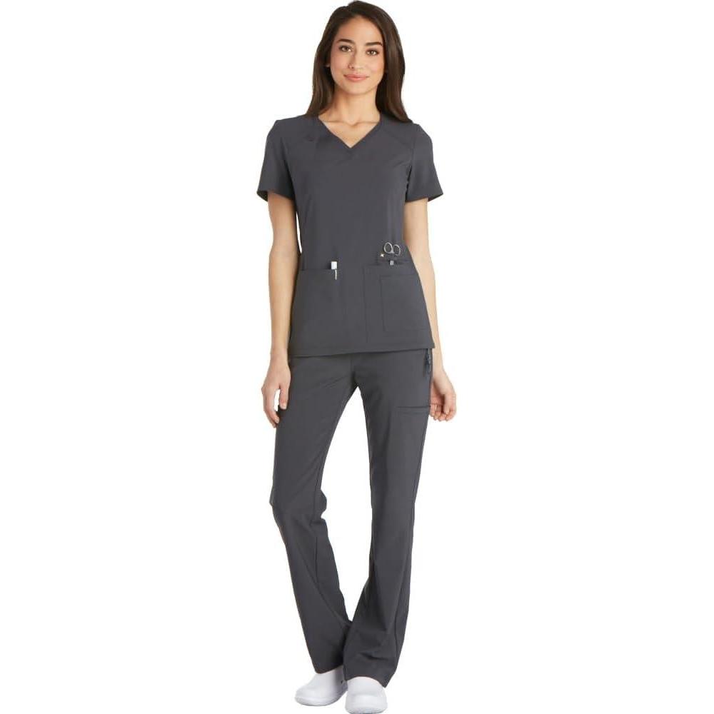 imageCherokee Womens Scrub Set Contemporary Fit Mid Rise 6 Pocket Straight Leg Pant CK002 and 4 Pocket VNeck Top CK605Pewter