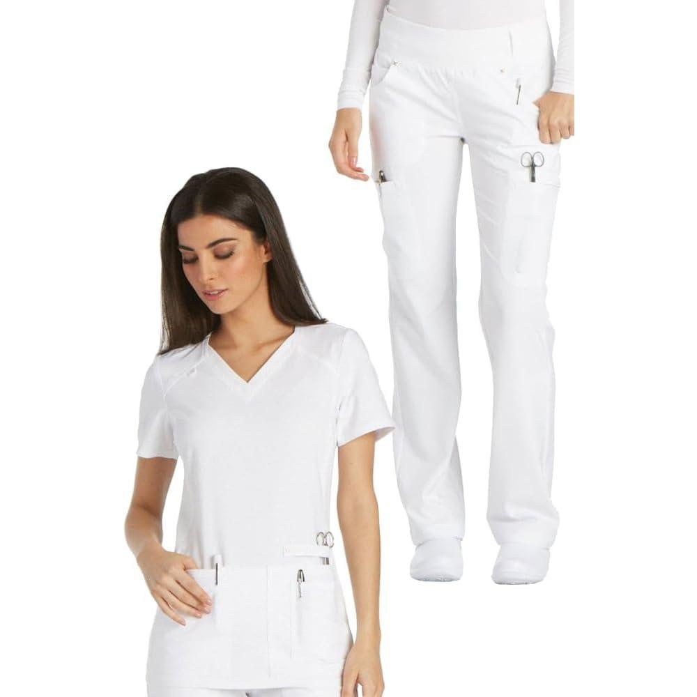 imageCherokee Womens Scrub Set Contemporary Fit Mid Rise 6 Pocket Straight Leg Pant CK002 and 4 Pocket VNeck Top CK605White