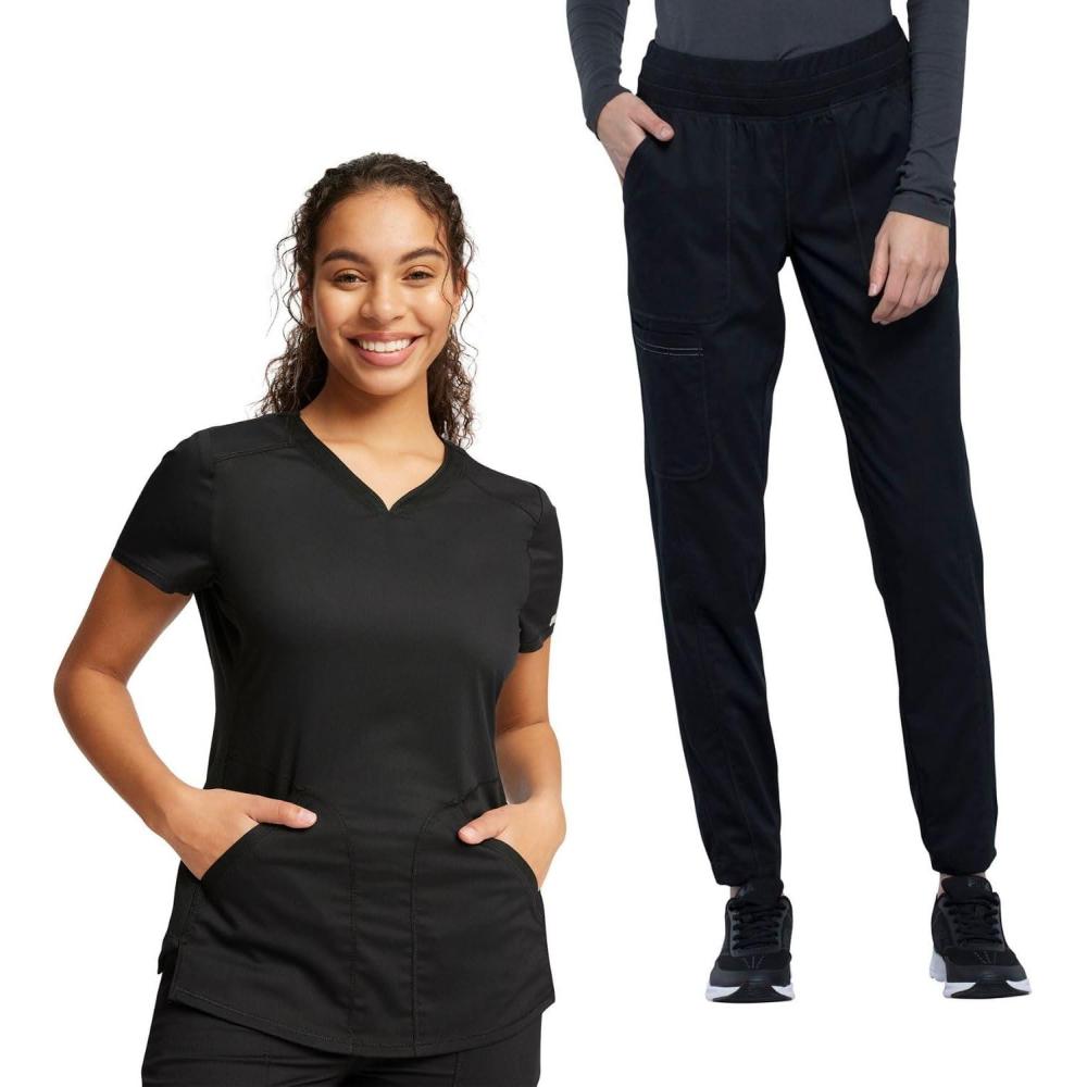 imageCherokee Womens Scrub Set Modern Classic Fit VNeck Scrub Top WW601 with Natural Rise Jogger amp Elasticized Waistband WW011Black