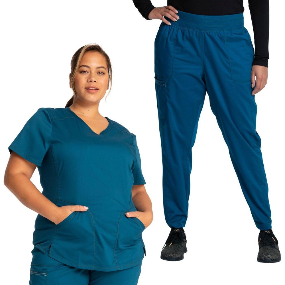 imageCherokee Womens Scrub Set Modern Classic Fit VNeck Scrub Top WW601 with Natural Rise Jogger amp Elasticized Waistband WW011Caribbean Blue