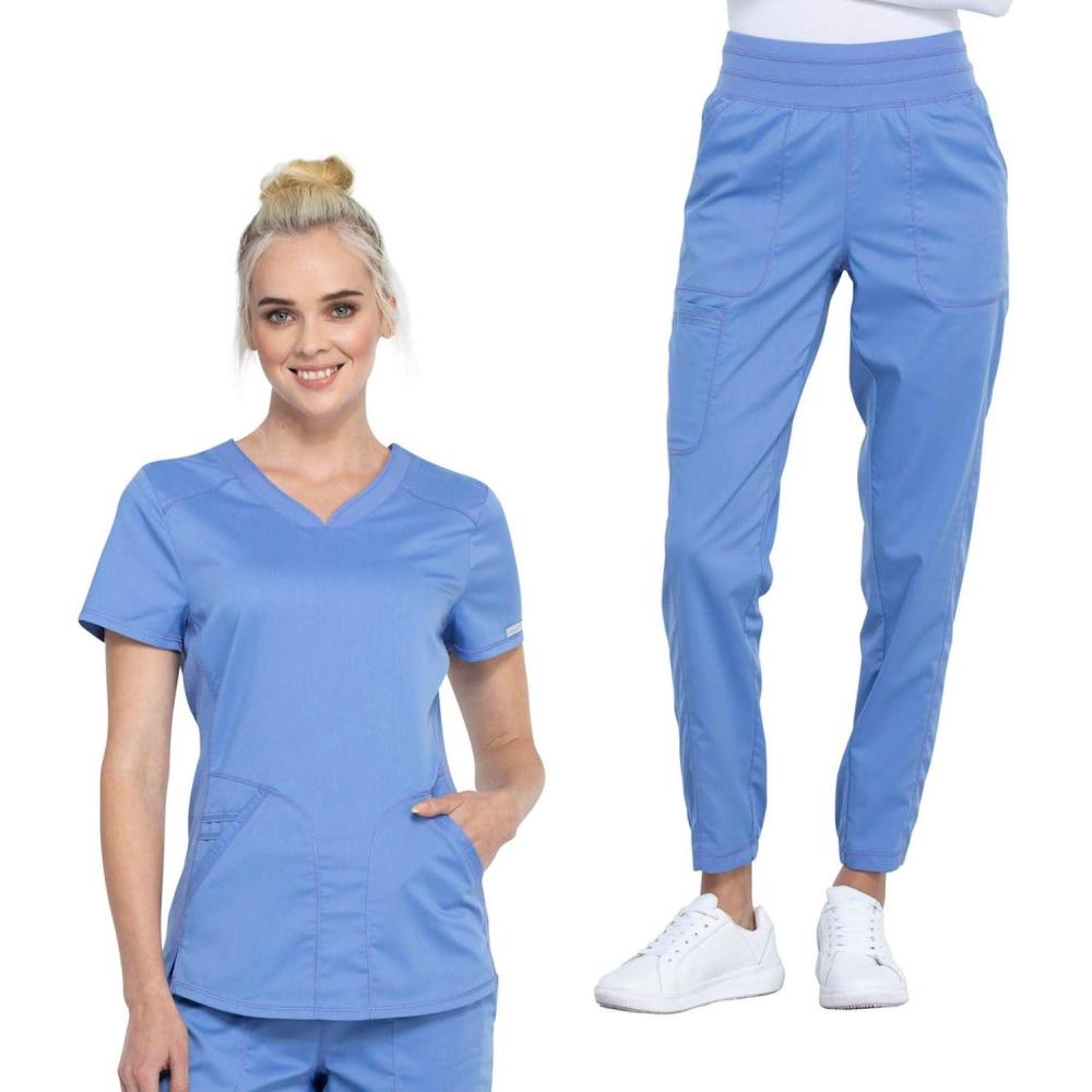 imageCherokee Womens Scrub Set Modern Classic Fit VNeck Scrub Top WW601 with Natural Rise Jogger amp Elasticized Waistband WW011Ciel