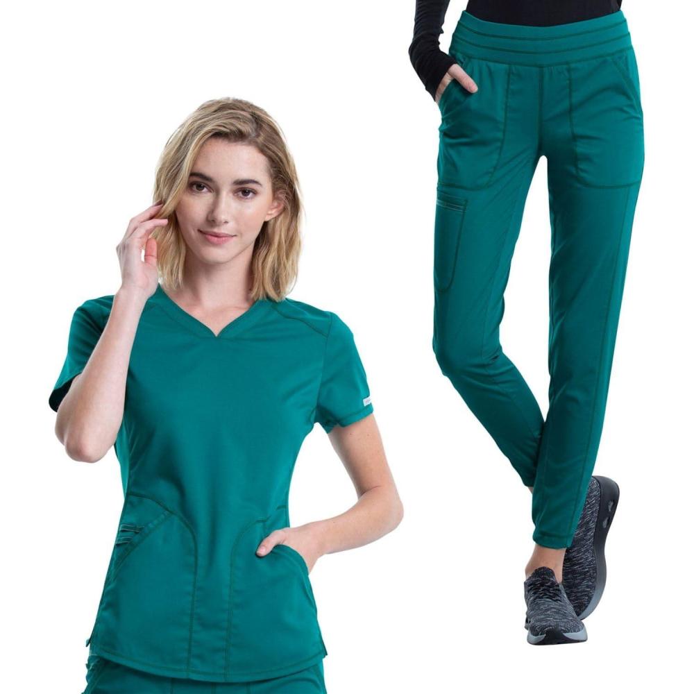 imageCherokee Womens Scrub Set Modern Classic Fit VNeck Scrub Top WW601 with Natural Rise Jogger amp Elasticized Waistband WW011Hunter Green