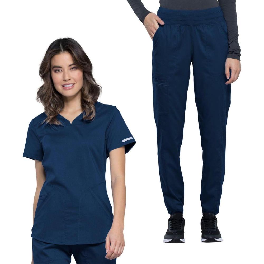 imageCherokee Womens Scrub Set Modern Classic Fit VNeck Scrub Top WW601 with Natural Rise Jogger amp Elasticized Waistband WW011Navy