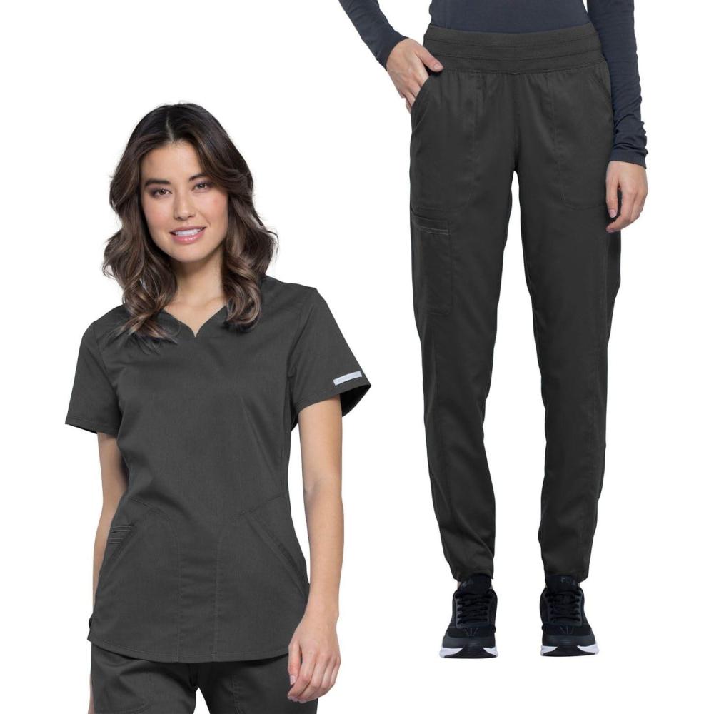 imageCherokee Womens Scrub Set Modern Classic Fit VNeck Scrub Top WW601 with Natural Rise Jogger amp Elasticized Waistband WW011Pewter