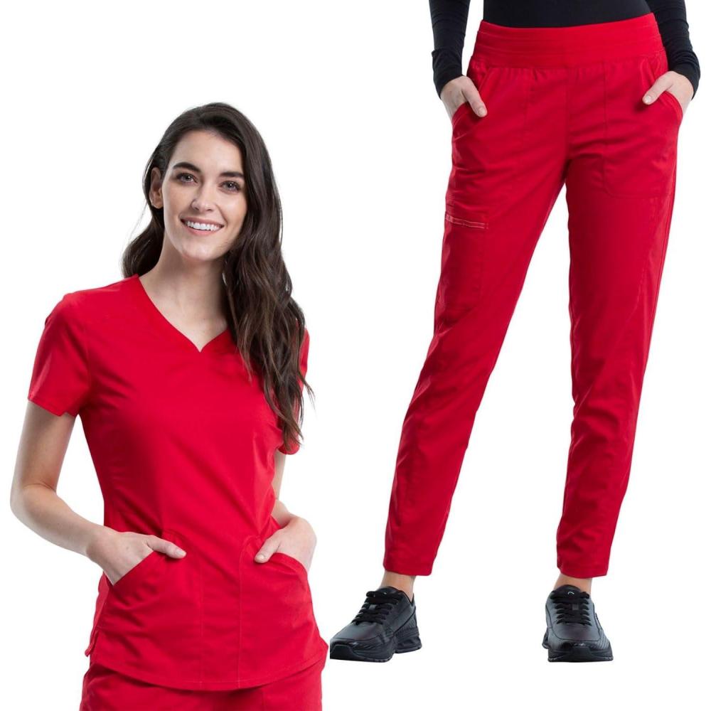 imageCherokee Womens Scrub Set Modern Classic Fit VNeck Scrub Top WW601 with Natural Rise Jogger amp Elasticized Waistband WW011Red