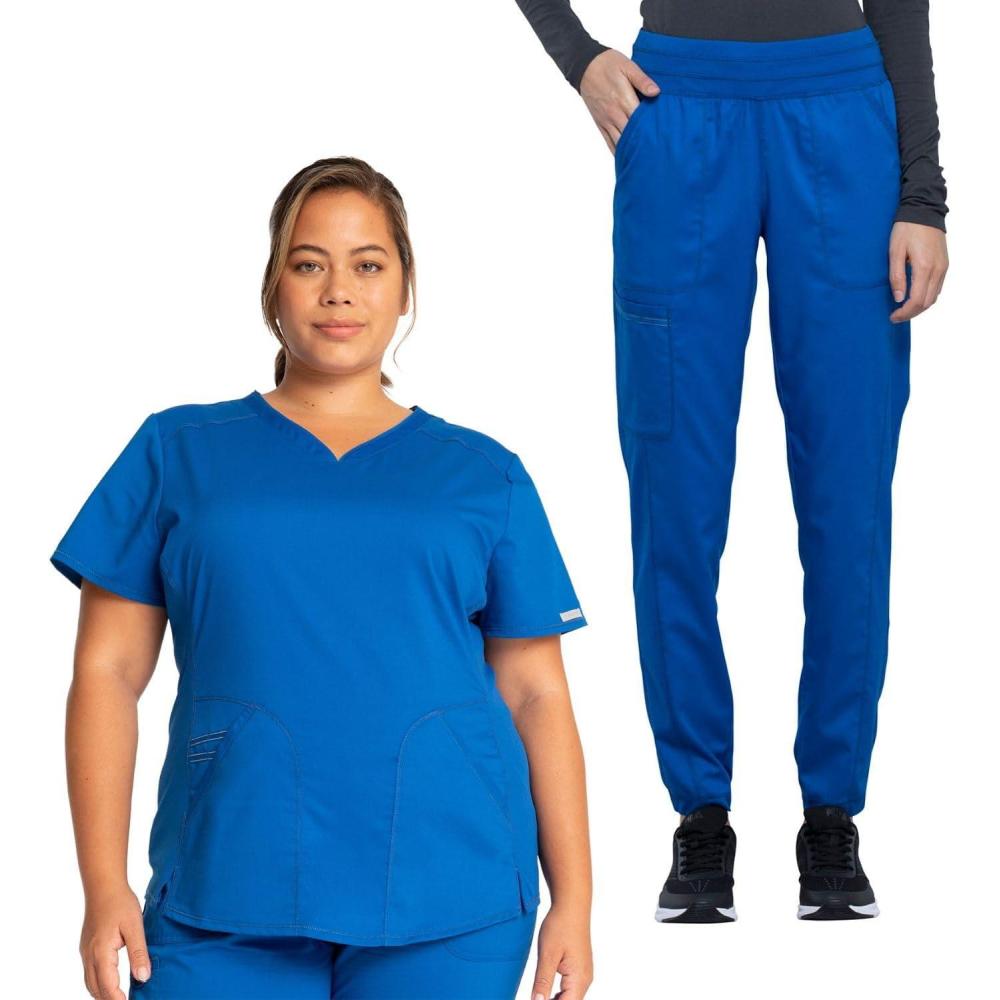 imageCherokee Womens Scrub Set Modern Classic Fit VNeck Scrub Top WW601 with Natural Rise Jogger amp Elasticized Waistband WW011Royal