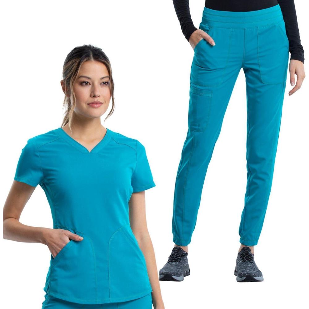imageCherokee Womens Scrub Set Modern Classic Fit VNeck Scrub Top WW601 with Natural Rise Jogger amp Elasticized Waistband WW011Teal Blue
