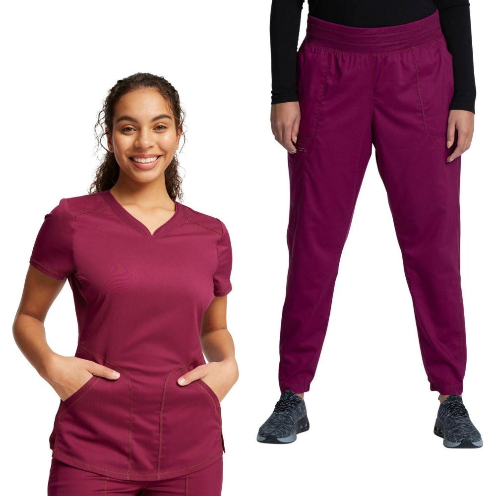 imageCherokee Womens Scrub Set Modern Classic Fit VNeck Scrub Top WW601 with Natural Rise Jogger amp Elasticized Waistband WW011Wine