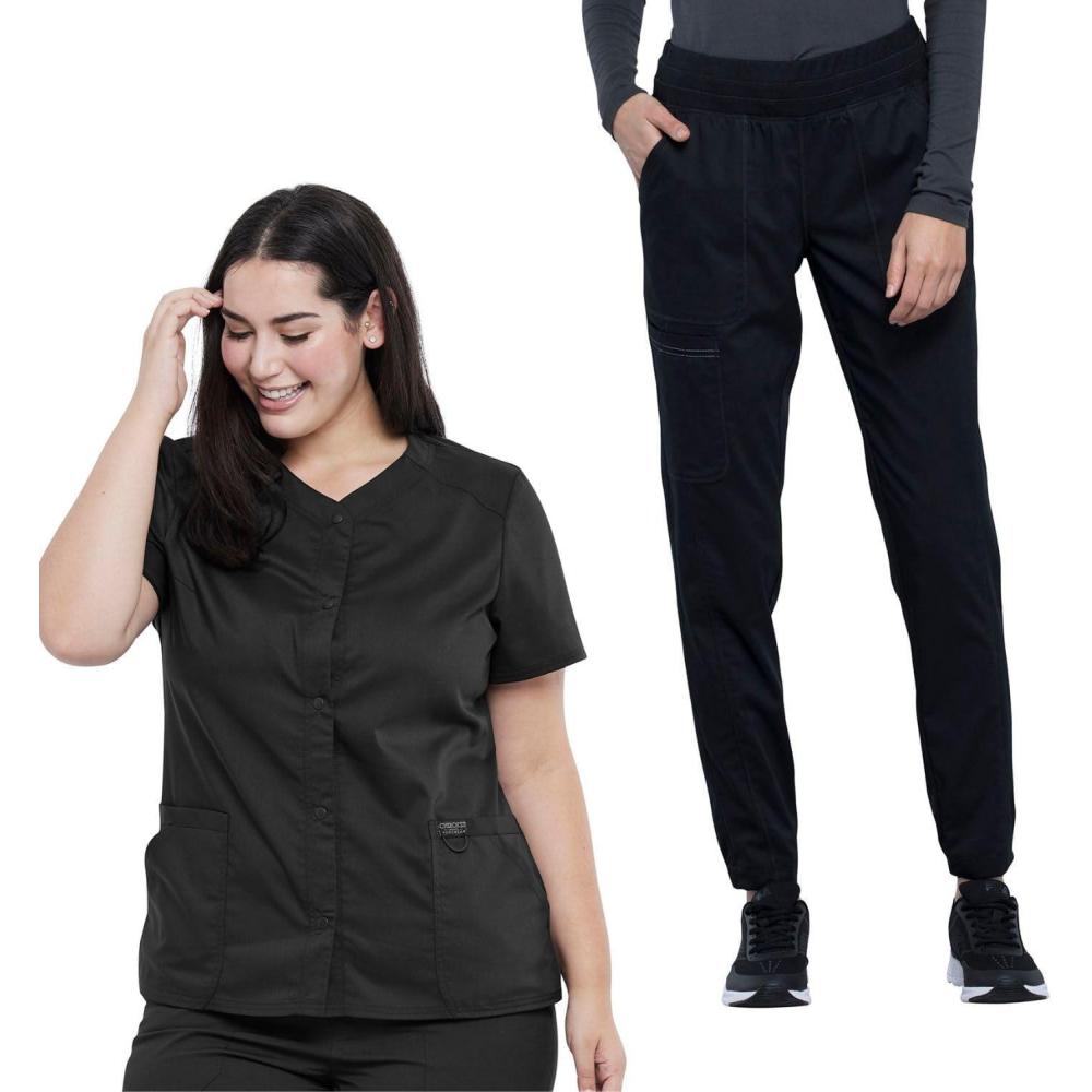 imageCherokee Womens Scrub Set Snap Front VNeck Top WW622 Natural Rise Scrub Jogger Pants WW011 With 9 PocketsBlack