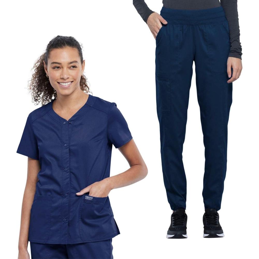 imageCherokee Womens Scrub Set Snap Front VNeck Top WW622 Natural Rise Scrub Jogger Pants WW011 With 9 PocketsNavy