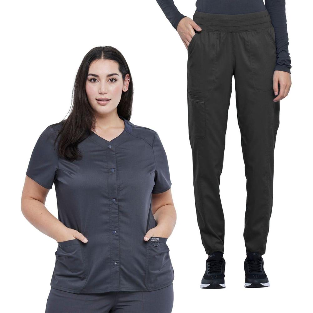 imageCherokee Womens Scrub Set Snap Front VNeck Top WW622 Natural Rise Scrub Jogger Pants WW011 With 9 PocketsPewter
