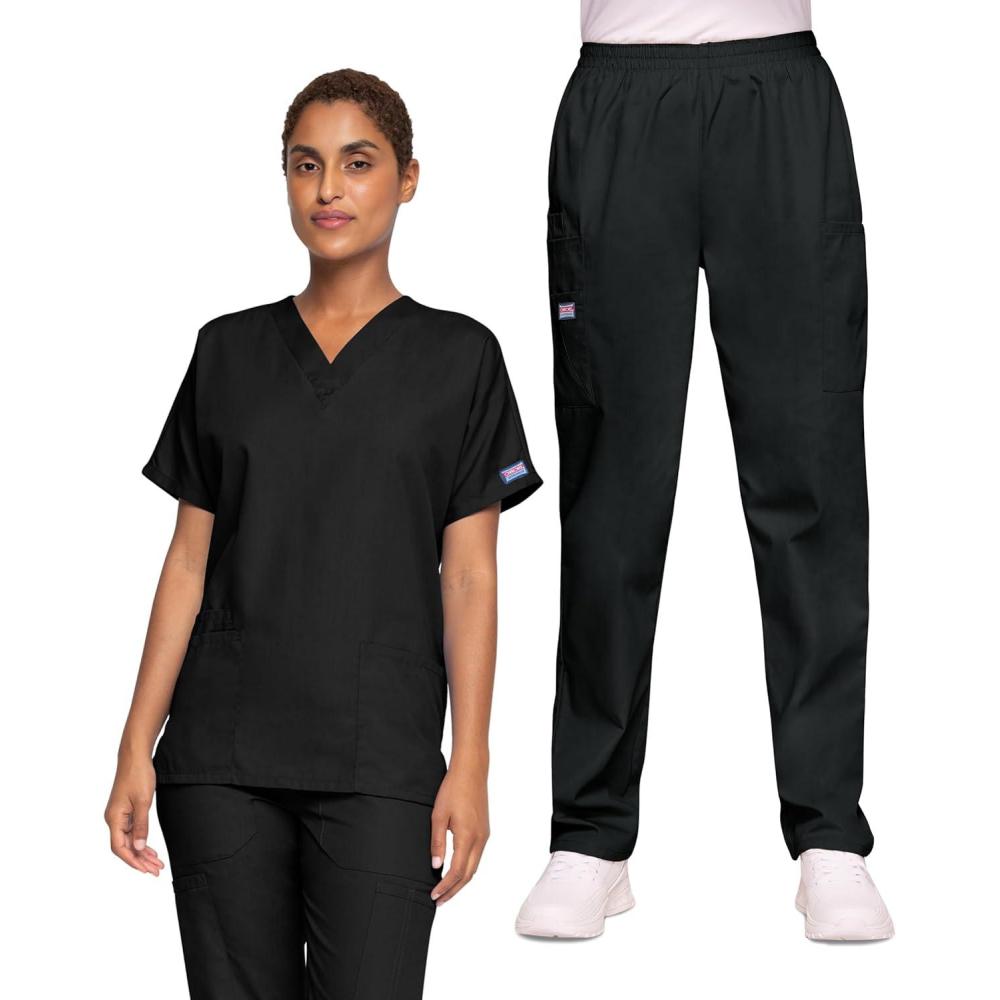 imageCherokee Womens Scrub Set VNeck Dolman Sleeve Top amp PullOn Cargo Pant with Elastic Waist amp Fade Resistant Fabric CK00043CBlack