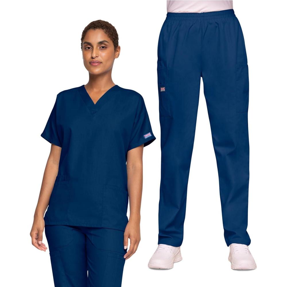 imageCherokee Womens Scrub Set VNeck Dolman Sleeve Top amp PullOn Cargo Pant with Elastic Waist amp Fade Resistant Fabric CK00043CNavy