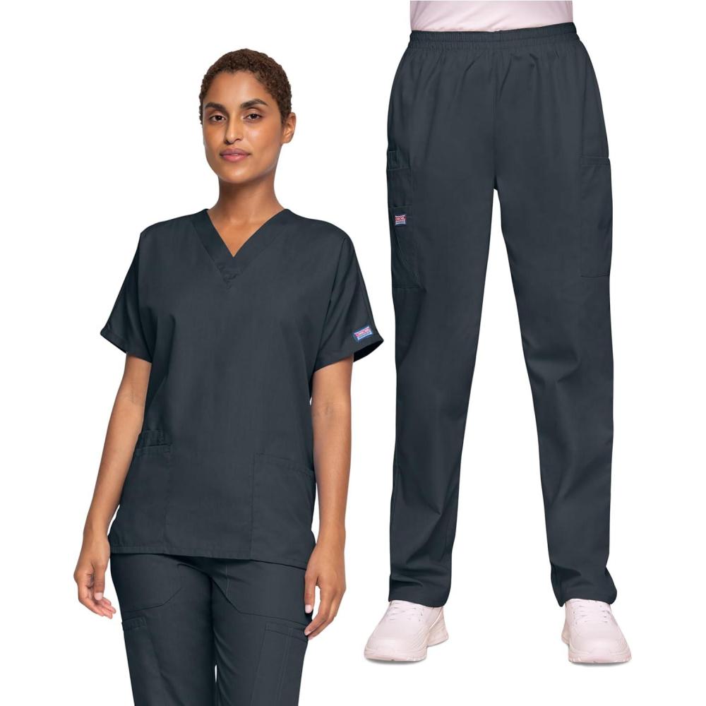 imageCherokee Womens Scrub Set VNeck Dolman Sleeve Top amp PullOn Cargo Pant with Elastic Waist amp Fade Resistant Fabric CK00043CPewter