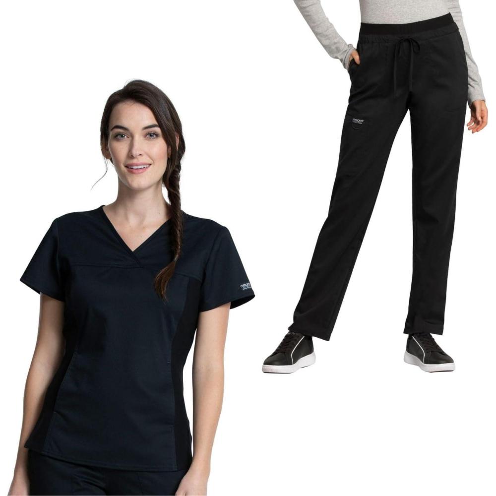imageCherokee Womens Scrub Set VNeck Knit Panel Scrub Top WW2875 Mid Rise Tapered Leg Drawstring Scrub Pant WW105Black