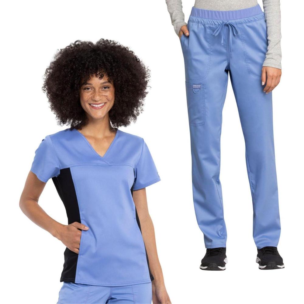 imageCherokee Womens Scrub Set VNeck Knit Panel Scrub Top WW2875 Mid Rise Tapered Leg Drawstring Scrub Pant WW105Ciel