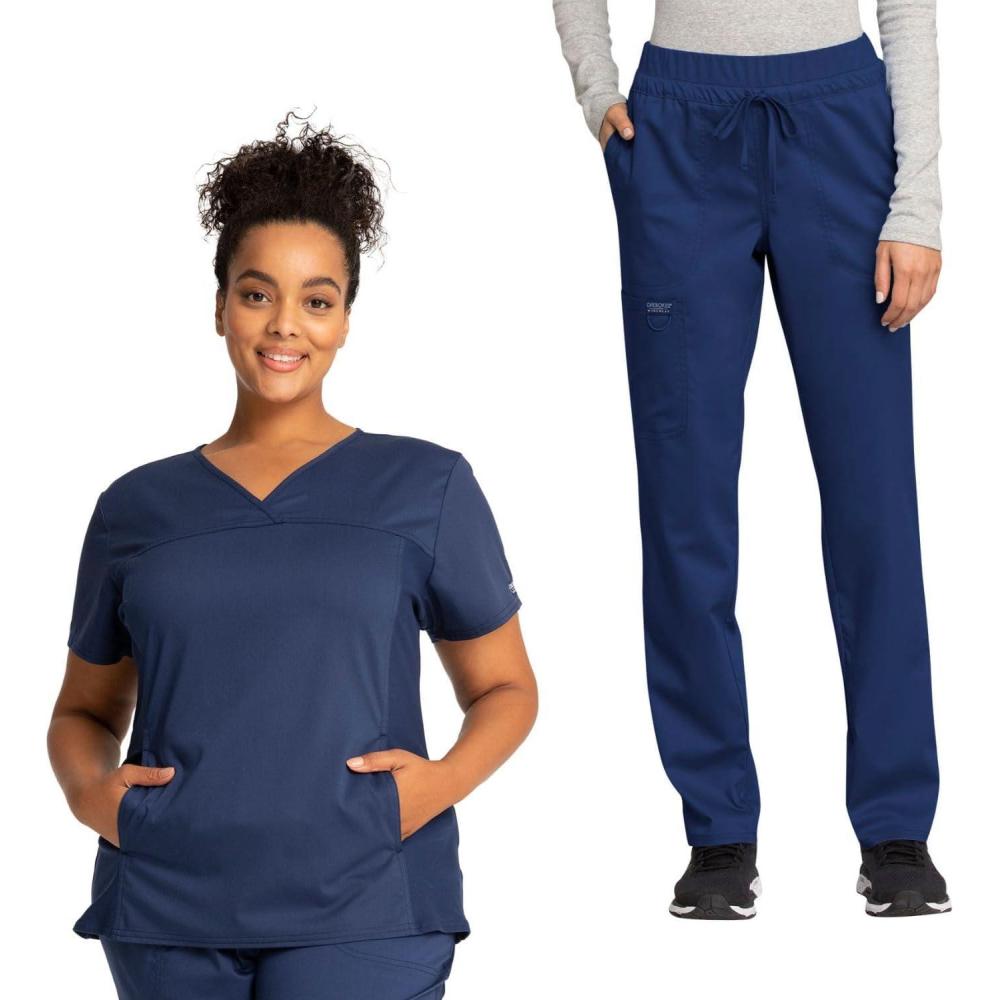 imageCherokee Womens Scrub Set VNeck Knit Panel Scrub Top WW2875 Mid Rise Tapered Leg Drawstring Scrub Pant WW105Navy