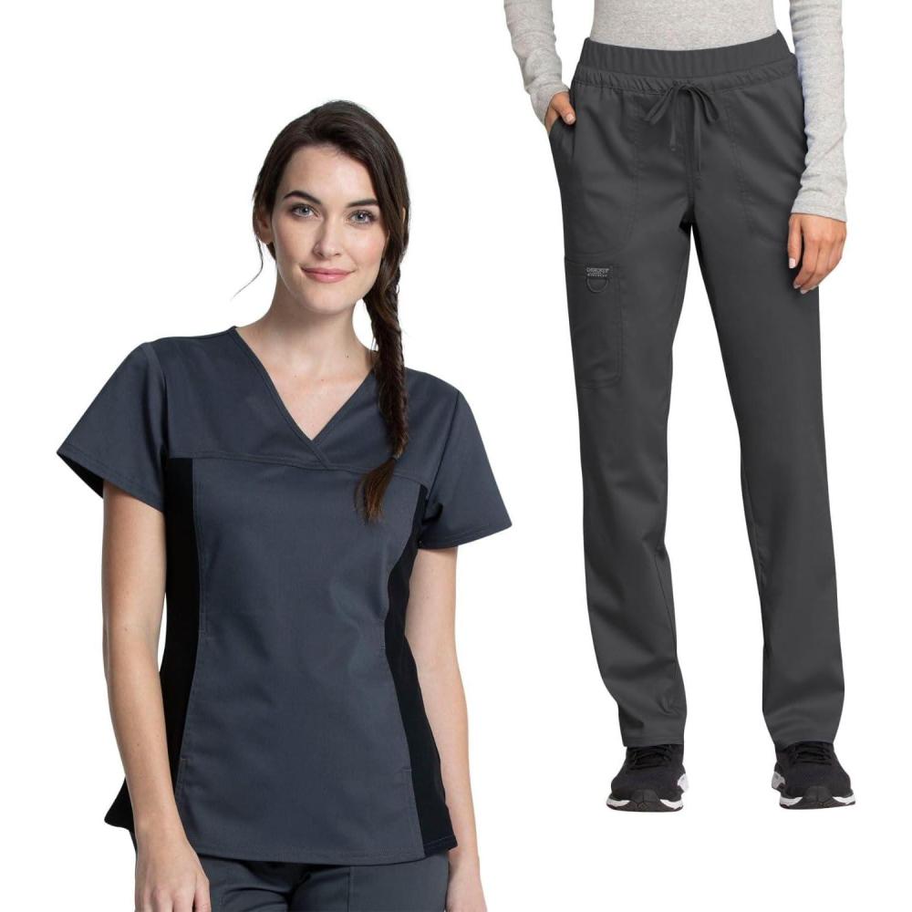 imageCherokee Womens Scrub Set VNeck Knit Panel Scrub Top WW2875 Mid Rise Tapered Leg Drawstring Scrub Pant WW105Pewter