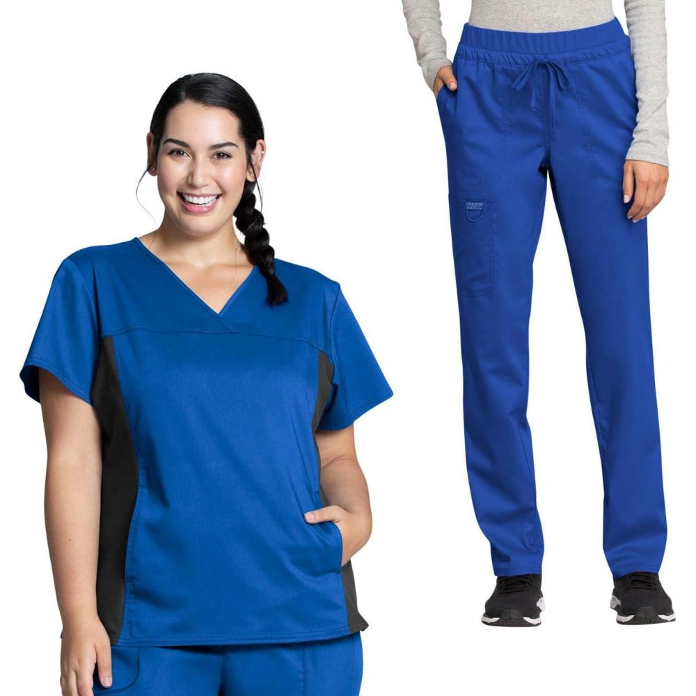 imageCherokee Womens Scrub Set VNeck Knit Panel Scrub Top WW2875 Mid Rise Tapered Leg Drawstring Scrub Pant WW105Royal