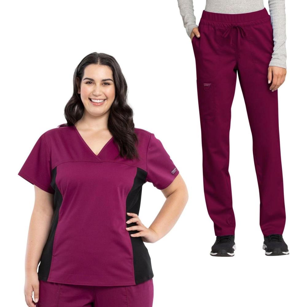 imageCherokee Womens Scrub Set VNeck Knit Panel Scrub Top WW2875 Mid Rise Tapered Leg Drawstring Scrub Pant WW105Wine