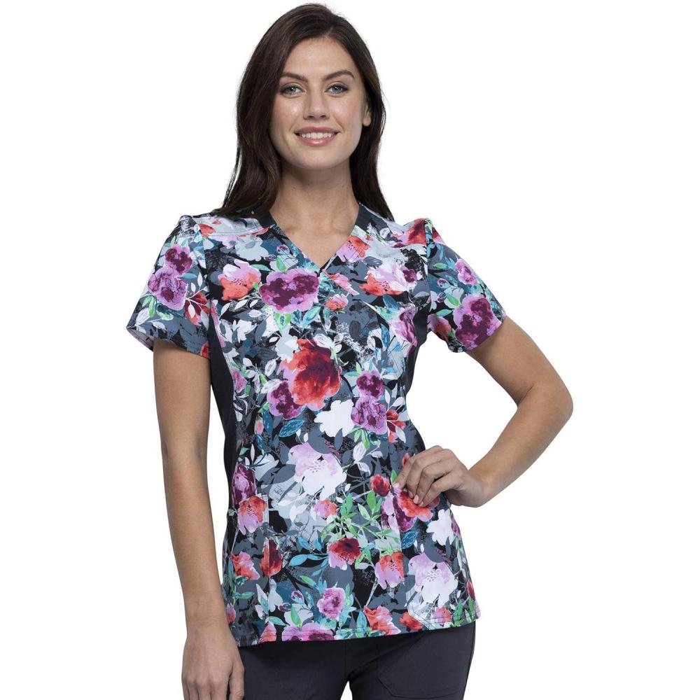 imageCherokee iFlex Women Scrubs Top Mock Wrap Knit Panel Print CK642Brushing Bouquets