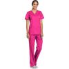 Cherokee Scrub Set For Women Modern Classic Fit 3 Pockets V-Neck Top WW620 with 5 Pockets Moderate Flare Leg Pant WW120(Electric Pink)