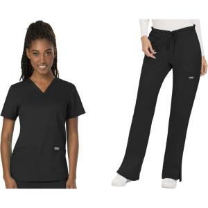 Cherokee Scrub Set For Women Modern Classic Fit 3 Pockets V-Neck Top WW620 with 5 Pockets Moderate Flare Leg Pant WW120(Black)