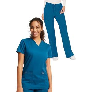 Cherokee Scrub Set For Women Modern Classic Fit 3 Pockets V-Neck Top WW620 with 5 Pockets Moderate Flare Leg Pant WW120(Caribbean Blue)