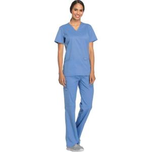 Cherokee Scrub Set For Women Modern Classic Fit 3 Pockets V-Neck Top WW620 with 5 Pockets Moderate Flare Leg Pant WW120(Ciel)
