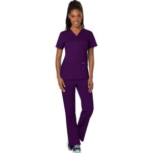 Cherokee Scrub Set For Women Modern Classic Fit 3 Pockets V-Neck Top WW620 with 5 Pockets Moderate Flare Leg Pant WW120(Eggplant)