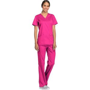 Cherokee Scrub Set For Women Modern Classic Fit 3 Pockets V-Neck Top WW620 with 5 Pockets Moderate Flare Leg Pant WW120(Electric Pink)