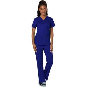 Cherokee Scrub Set For Women Modern Classic Fit 3 Pockets V-Neck Top WW620 with 5 Pockets Moderate Flare Leg Pant WW120(Galaxy Blue)