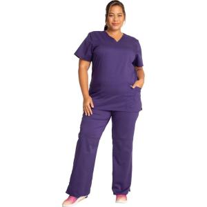 Cherokee Scrub Set For Women Modern Classic Fit 3 Pockets V-Neck Top WW620 with 5 Pockets Moderate Flare Leg Pant WW120(Grape)