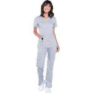 Cherokee Scrub Set For Women Modern Classic Fit 3 Pockets V-Neck Top WW620 with 5 Pockets Moderate Flare Leg Pant WW120(Grey)