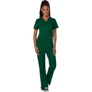 Cherokee Scrub Set For Women Modern Classic Fit 3 Pockets V-Neck Top WW620 with 5 Pockets Moderate Flare Leg Pant WW120(Hunter Green)