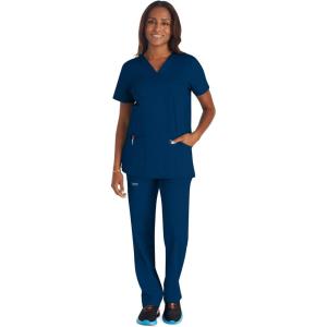 Cherokee Scrub Set For Women Modern Classic Fit 3 Pockets V-Neck Top WW620 with 5 Pockets Moderate Flare Leg Pant WW120(Navy)