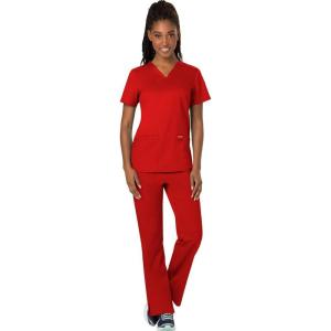 Cherokee Scrub Set For Women Modern Classic Fit 3 Pockets V-Neck Top WW620 with 5 Pockets Moderate Flare Leg Pant WW120(Red)