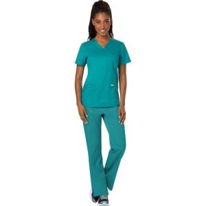 Cherokee Scrub Set For Women Modern Classic Fit 3 Pockets V-Neck Top WW620 with 5 Pockets Moderate Flare Leg Pant WW120(Teal Blue)