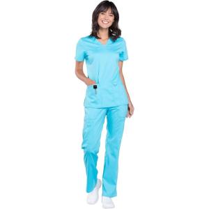 Cherokee Scrub Set For Women Modern Classic Fit 3 Pockets V-Neck Top WW620 with 5 Pockets Moderate Flare Leg Pant WW120(Turquoise)