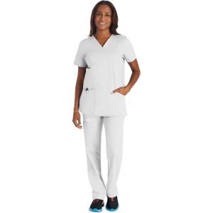 Cherokee Scrub Set For Women Modern Classic Fit 3 Pockets V-Neck Top WW620 with 5 Pockets Moderate Flare Leg Pant WW120(White)