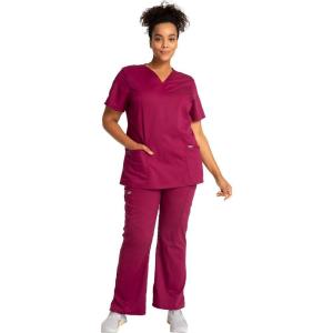 Cherokee Scrub Set For Women Modern Classic Fit 3 Pockets V-Neck Top WW620 with 5 Pockets Moderate Flare Leg Pant WW120(Wine)