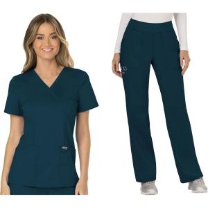 Cherokee Scrub Set For Women, Modern Classic Fit Mock Wrap Top WW610 With Mid Rise, Straight Leg Pant WW110(Caribbean Blue)