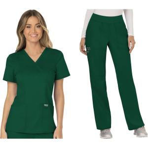 Cherokee Scrub Set For Women, Modern Classic Fit Mock Wrap Top WW610 With Mid Rise, Straight Leg Pant WW110(Hunter Green)