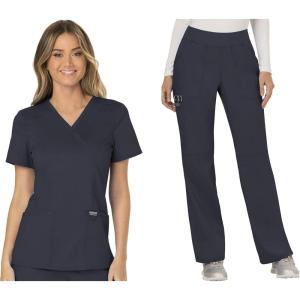 Cherokee Scrub Set for Women, Mock Wrap Top & Mid Rise Straight Leg Pant, Ultra Soft 2-Way Stretch Medical Uniform – CK00040C(Pewter)