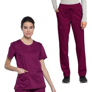 Cherokee Scrub Set for Women Zip Round Neck Scrub Top WW602 Mid Rise Tapered Leg Drawstring Scrub Pant WW105(Wine)
