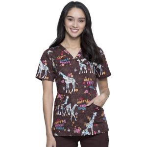 Cherokee Scrubs for Women Printed V-Neck Scrub Top with Modern Classic Fit with 2 Welt Pockets & Shirttail Hem – CK637(Joyful Giraffe)