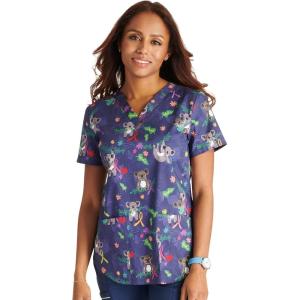 Cherokee Scrubs for Women V-Neck Printed Scrub Top Modern Classic Fit with 3 Pockets, Shaping Darts & Side Vents – CK664(Koala’s Care)