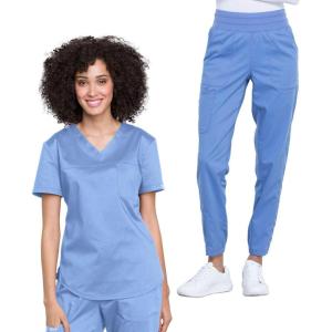 Cherokee Women Scrub Set V-Neck O.R Top WW657 Natural Rise Jogger Scrub Pant with Elasticized Waistband WW011(Ciel)